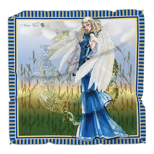 Square silk scarf illustrating the Virgo silhouette and gown, in sapphire blue and white