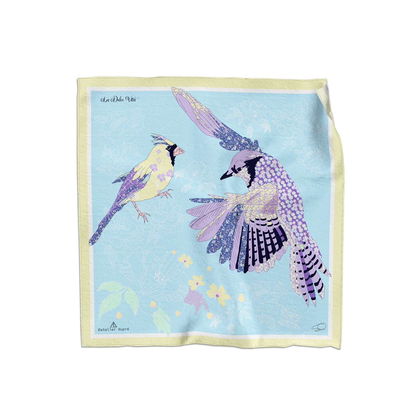 100% SILK SCARF BANDANA - PASTEL BIRDS