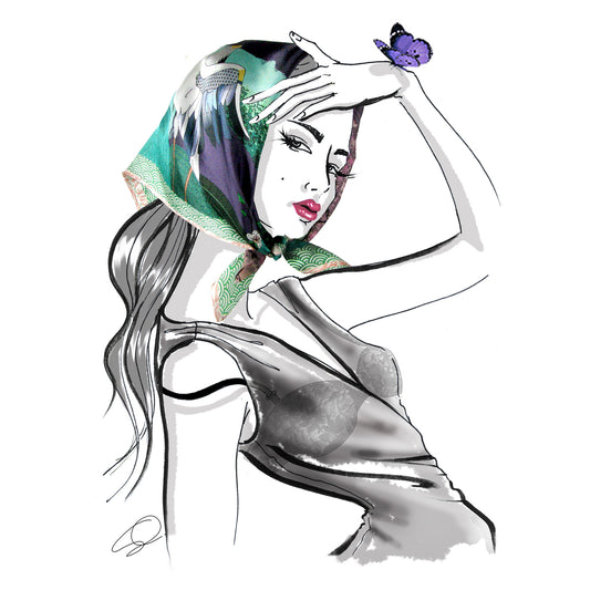 *VENTE D'ÉCHANTILLONS*   FOULARD DE SOIE BANDANA  "BEAUTÉ, GRÂCE & HARMONIE" (mauve)