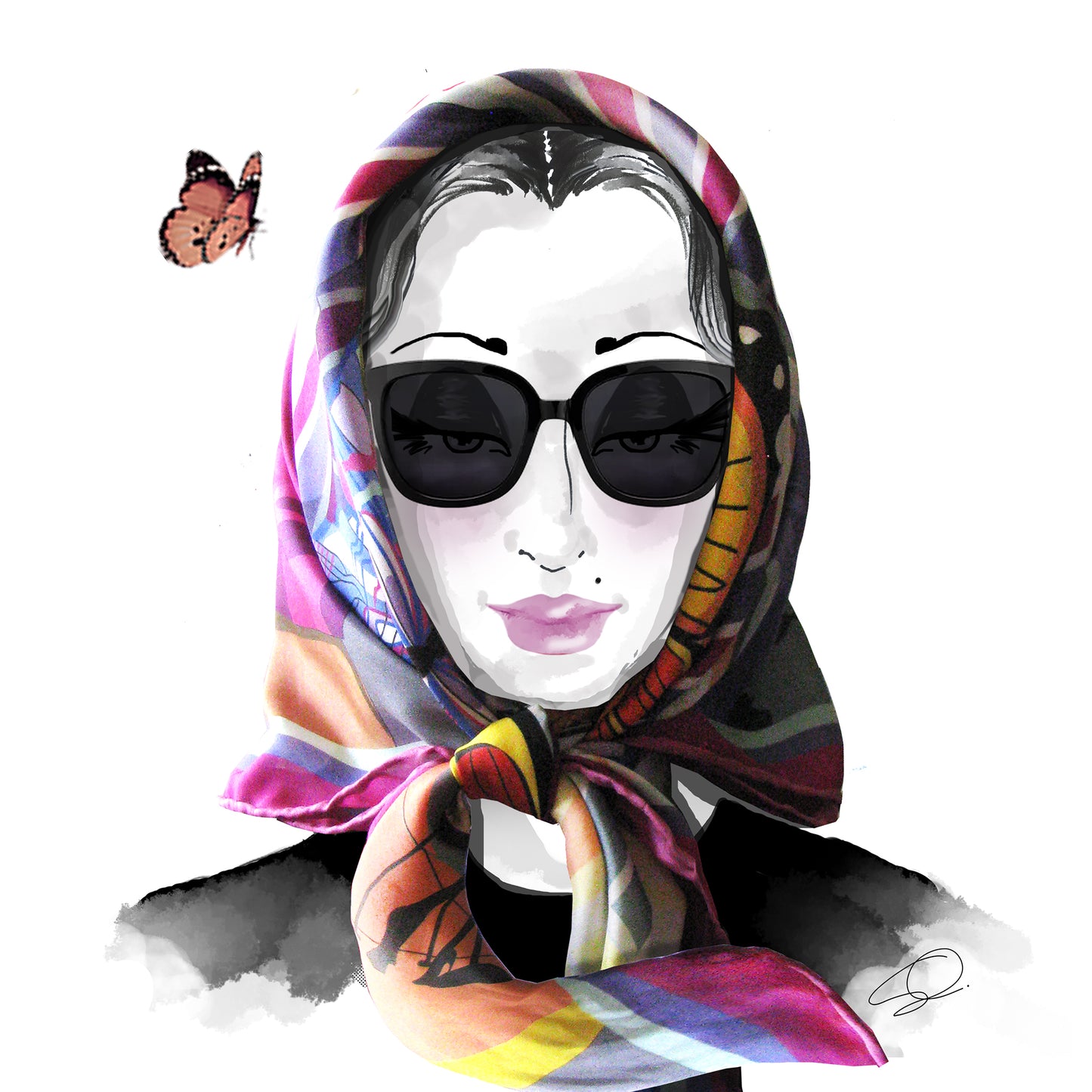 Fashion illustration of woman with silk headscarf and sunglasses