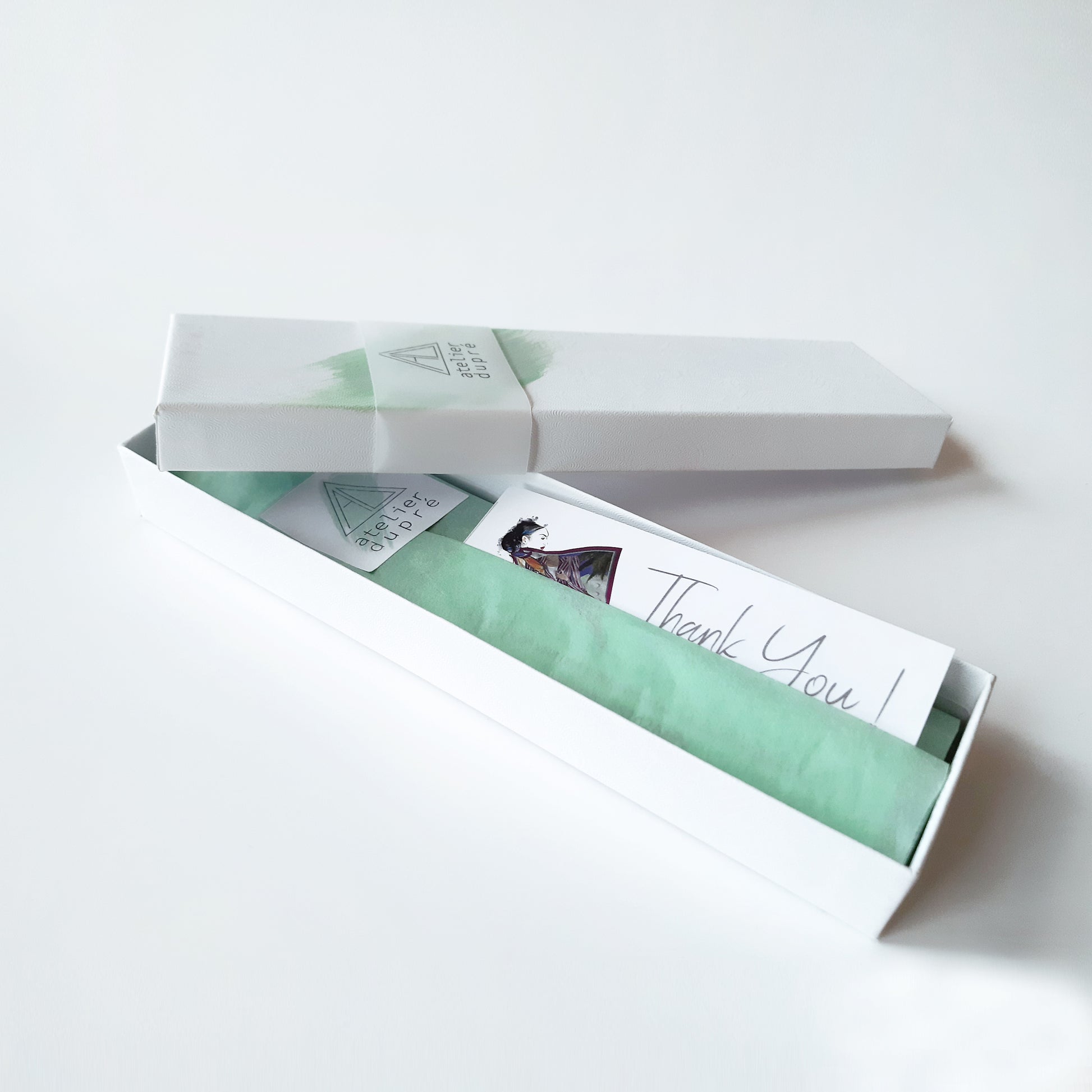 silk twilly packaging white box with logo and mint tissue