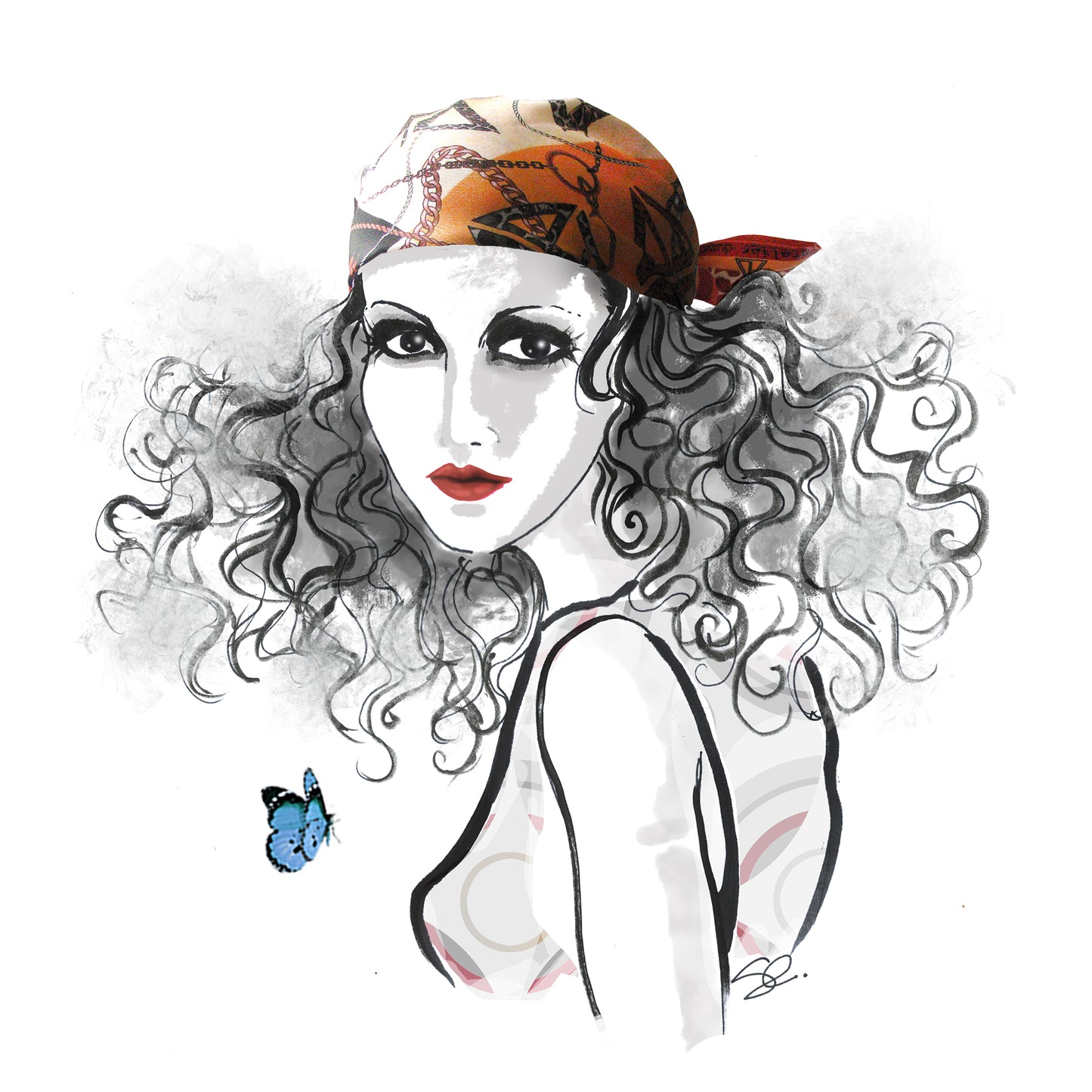 Fashion illustration woman with silk bandana headscarf